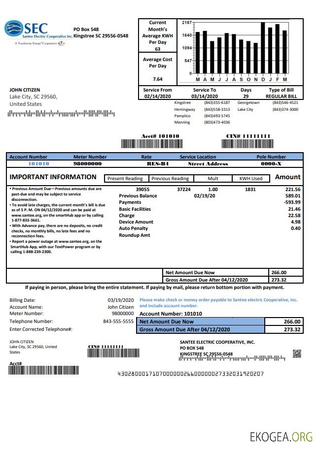 USA South Carolina Santee Electric Cooperative (SEC) proof of address utility bill template in Word and PDF format